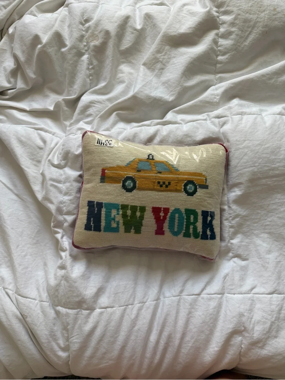 Jonathan Adler Yellow Taxi New York Needlepoint Pillow with Multicolor Lettering